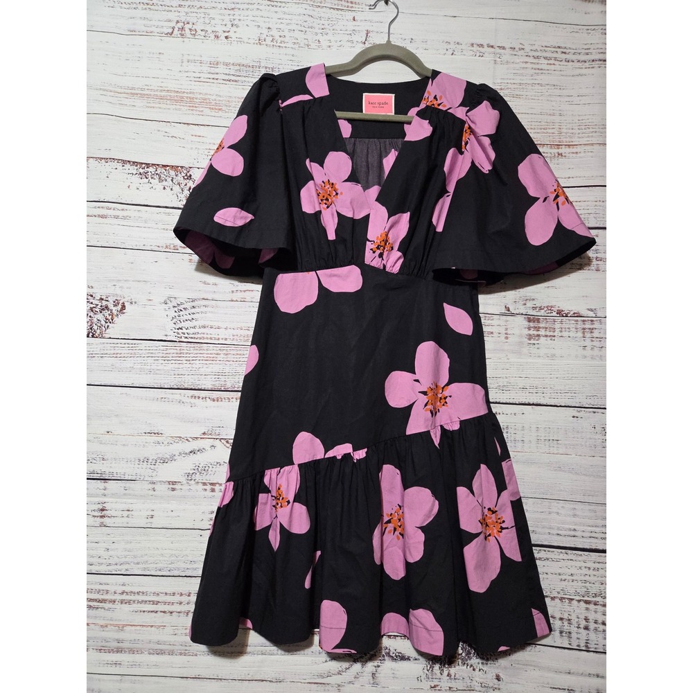 Kate Spade New York Pink Floral Flutter Sleeve Cotton Mini Dress Size 4 Black